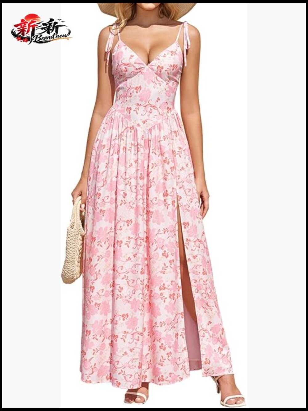 Floral V Neck Slit Maxi Dress Flowy Lace Up Boho Summer Beach Dress